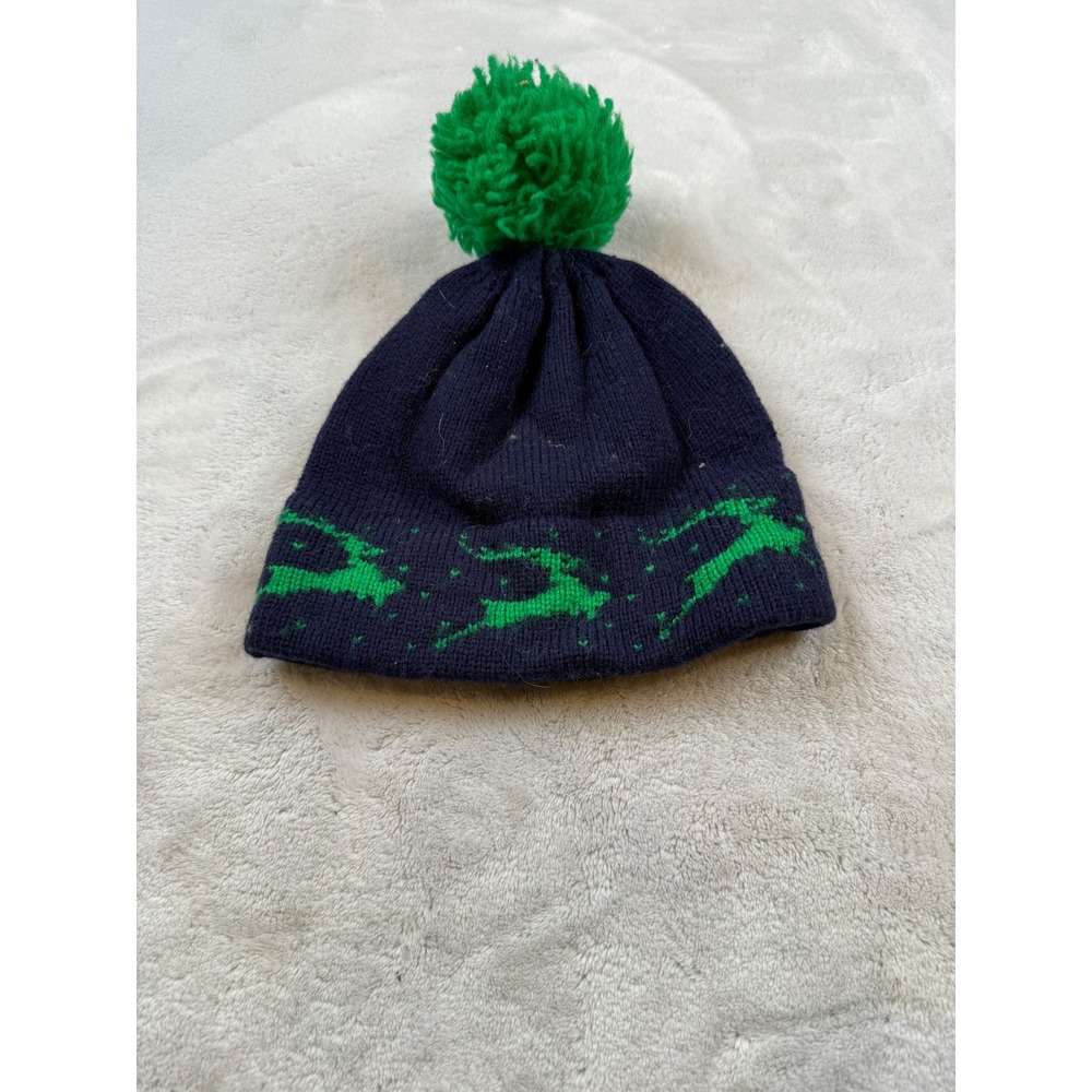 Vermont Originals Navy Blue Knit Beanie with Green‎ Reindeer Pom